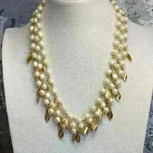 Avon Faux Pearl with Gold Dangle Detail Multi Strand Necklace